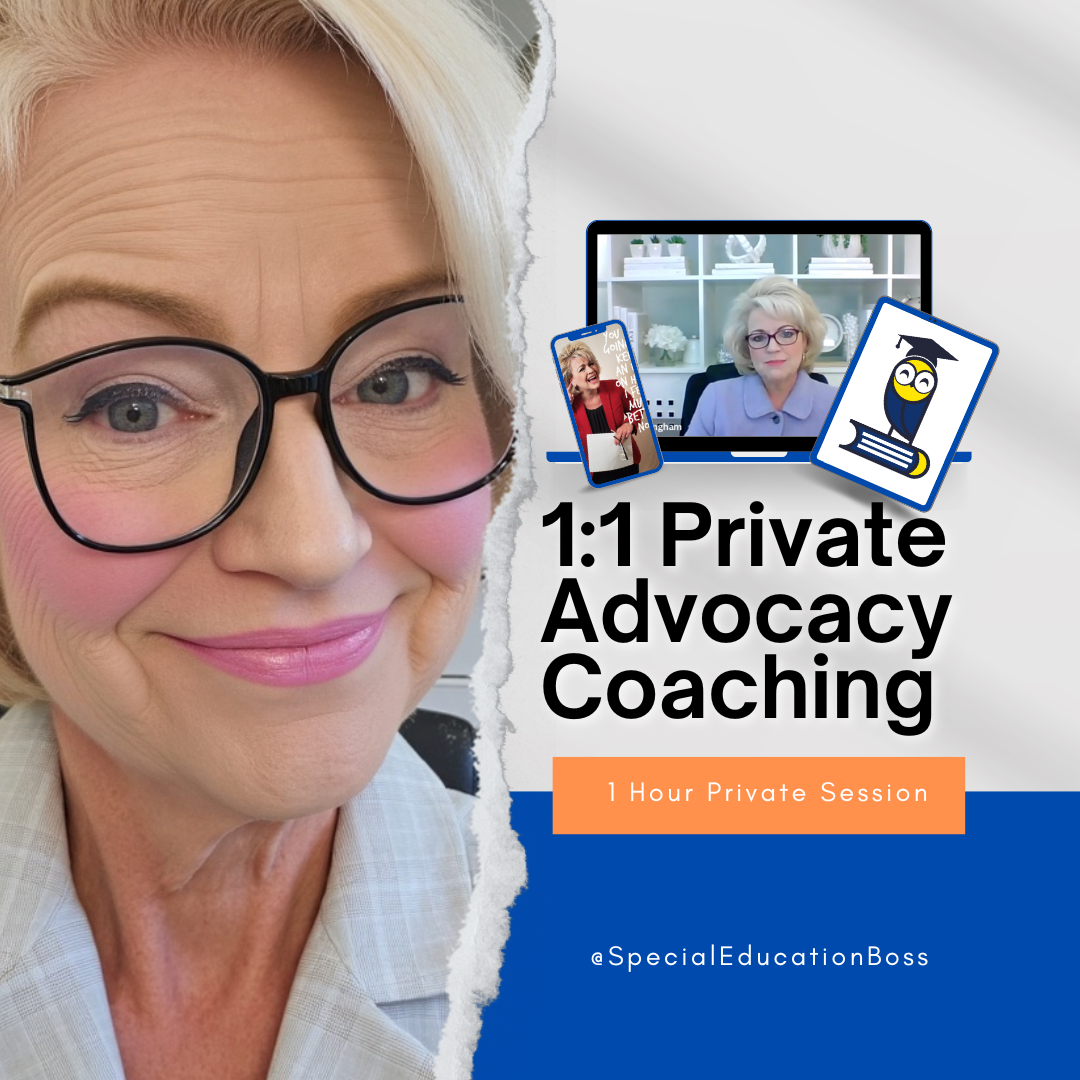 The image features a promotional design for a "1:1 Private Advocacy Coaching" session. On the left side, there is a close-up of Karen Mayer Cunningham smiling, wearing glasses. On the right side, a laptop graphic shows Karen in a video call, along with icons representing education and advocacy. The text highlights the offering: "1:1 Private Advocacy Coaching" with a "1 Hour Private Session" banner. At the bottom, the social handle "@SpecialEducationBoss" is displayed. The design uses a mix of blue, white, and orange tones.