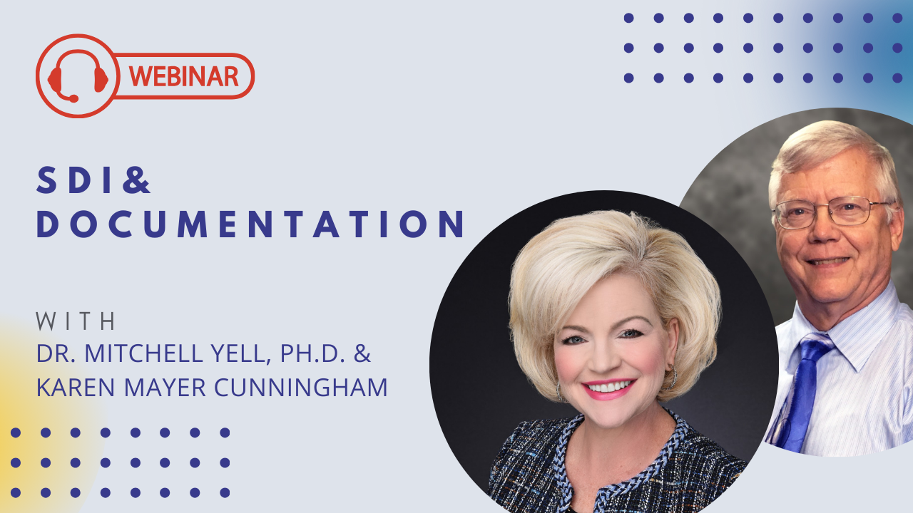 A promotional banner for an upcoming webinar titled "SDI & Documentation" featuring Dr. Mitchell Yell, Ph.D., and Karen Mayer Cunningham. The top left of the image features a red "Webinar" icon with a headset symbol. The main title "SDI & Documentation" is written in bold, dark blue uppercase letters. Below the title, in smaller text, are the names of the featured speakers: Dr. Mitchell Yell, Ph.D., & Karen Mayer Cunningham. On the right side, professional headshots of Karen Mayer Cunningham (smiling, wearing a blue and black tweed blazer) and Dr. Mitchell Yell (wearing glasses and a suit with a blue tie) are displayed within circular frames. The background is light blue with gradient accents and blue dotted patterns, giving a modern and clean design. This webinar is designed to educate parents, educators, and advocates on Specially Designed Instruction (SDI) and proper IEP documentation.