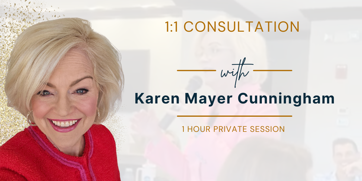Promotional graphic for a 1:1 Consultation with Karen Mayer Cunningham. Features Karen smiling in a red jacket with a background image of her speaking into a microphone. The text highlights '1 Hour Private Session' and uses elegant gold and navy blue typography, emphasizing personalized support and expert guidance in special education advocacy.